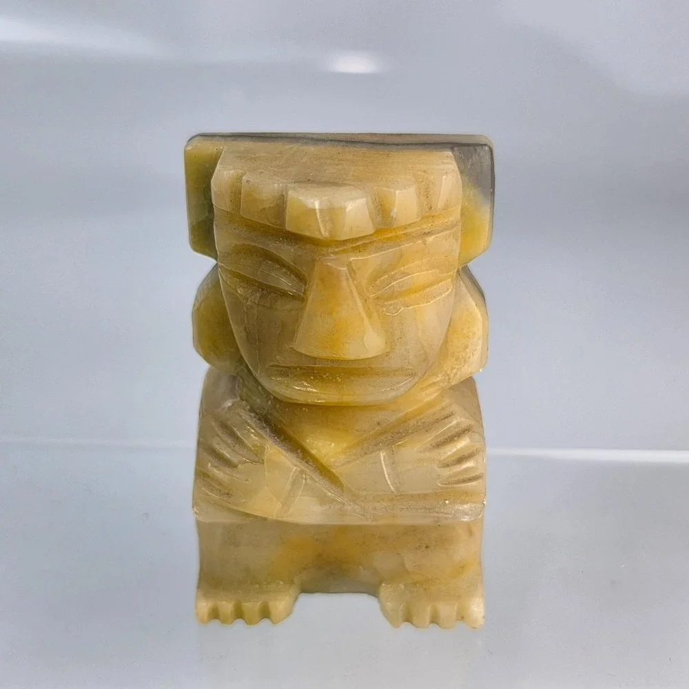 Vintage Mexican Onyx Carved Aztec Mayan Seated Figure Statue Green Banded Stone - Picture 1 of 8